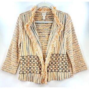 Chicos Textured Tweed Bonnie Fringe Open Front Fringe Artsy Cardigan Jacket Sz 2